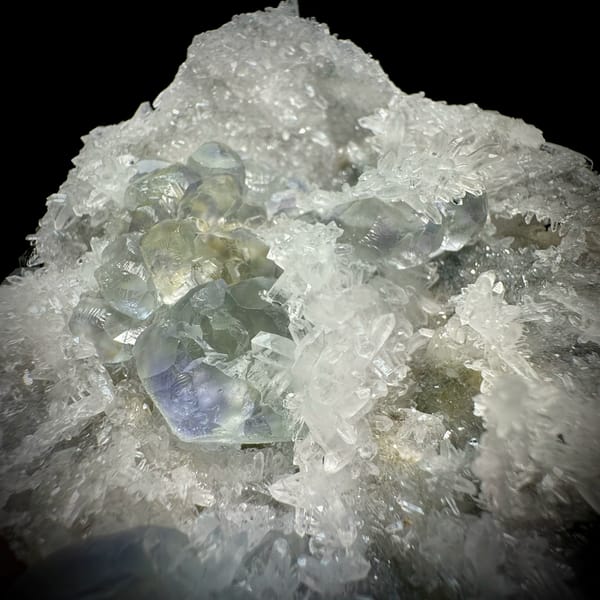 Blue-cored green fluorite among sparkling quartz and calcite from Fujian, China, reverse side