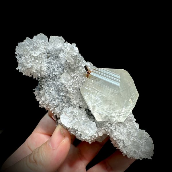 Large star calcite crystal on quartz needles with pyrite from Fujian, China, reverse side
