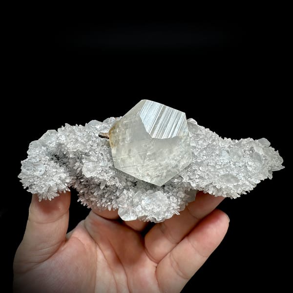 Large star calcite crystal on quartz needles with pyrite from Fujian, China, detail of the matrix contact
