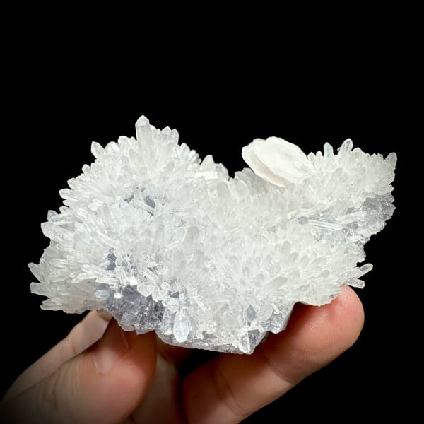 White quartz-needle cluster with platy calcite crystal from Fujian, China, reverse side