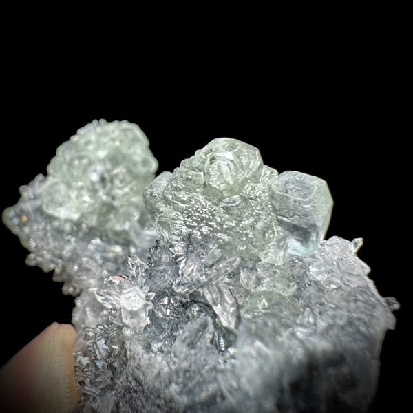 Pale green stepped fluorite on dark quartz druse from Fujian, China, close-up of the crystal faces