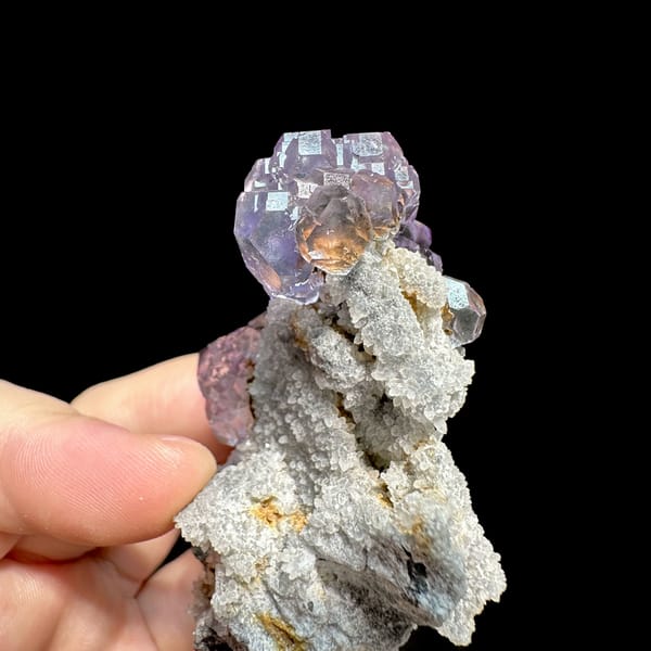 Lavender fluorite cubes on tall grey quartz stalk from Fujian, China, close-up of the crystal faces