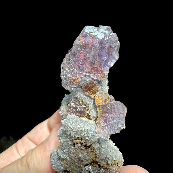 Lavender fluorite cubes on tall grey quartz stalk from Fujian, China, reverse side