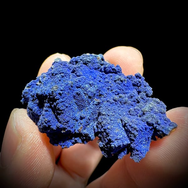 Royal-blue azurite crust covering fluorite from Yunnan, China, top view