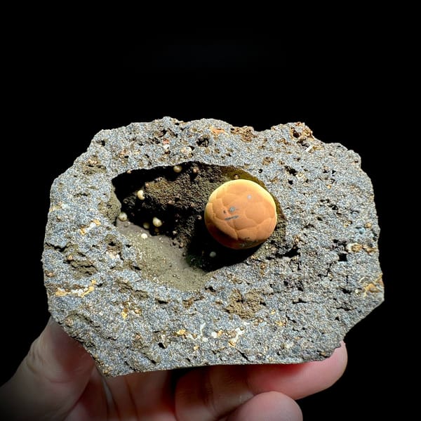 Football-shaped orange calcite ball in grey rock pocket from Fujian, China, held in hand