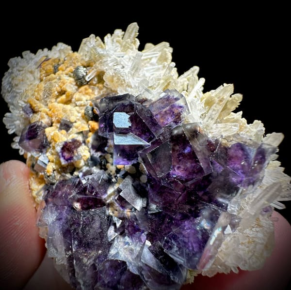 Purple phantom fluorite cubes in white quartz with siderite from Inner Mongolia, China, close-up of the crystal faces