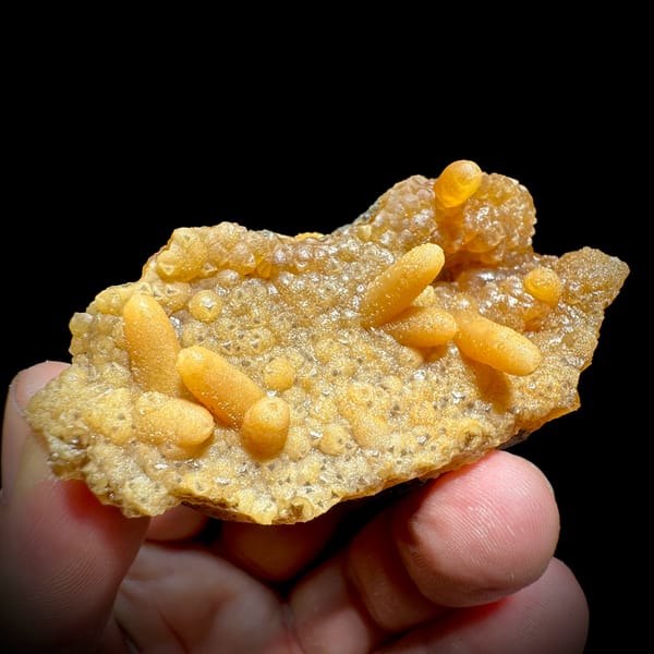 Orange caterpillar-form calcite over cream botryoidal plate from Yunxiao, Fujian, China, top view
