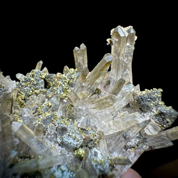 Clear quartz needles with chalcopyrite and freibergite from Inner Mongolia, China, second angle
