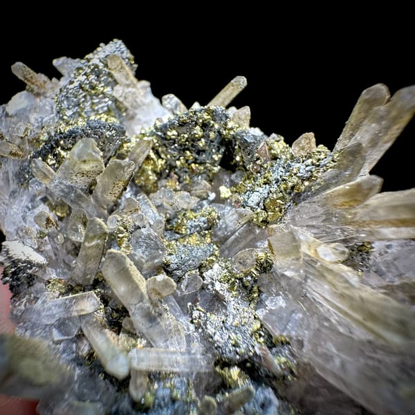 Clear quartz needles with chalcopyrite and freibergite from Inner Mongolia, China, reverse side