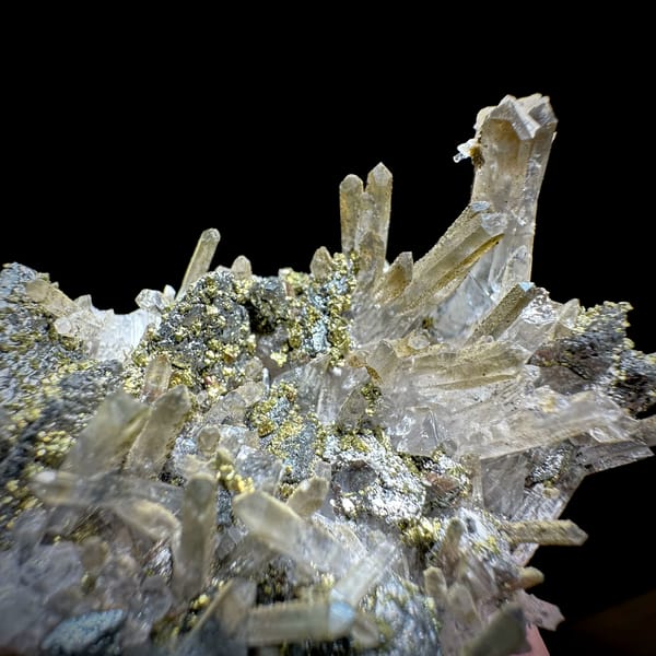 Clear quartz needles with chalcopyrite and freibergite from Inner Mongolia, China, top view