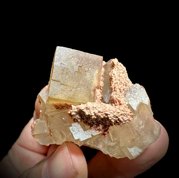 Honey-yellow fluorite cube on pink baryte and calcite from Beijing, China, top view