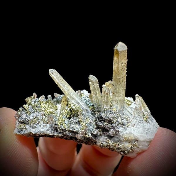 Clear quartz points with chalcopyrite and freibergite from Inner Mongolia, China, second angle