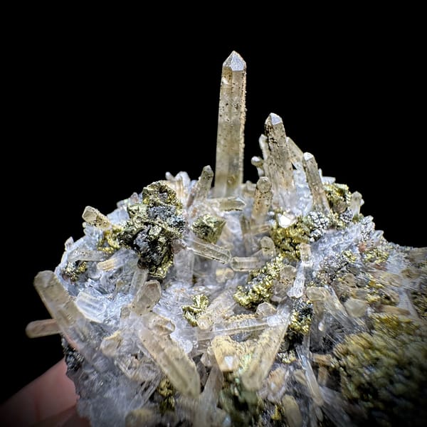 Clear quartz needles over chalcopyrite and freibergite from Inner Mongolia, China, second angle
