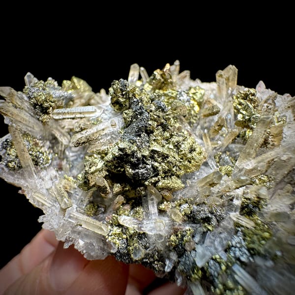 Clear quartz needles over chalcopyrite and freibergite from Inner Mongolia, China, reverse side