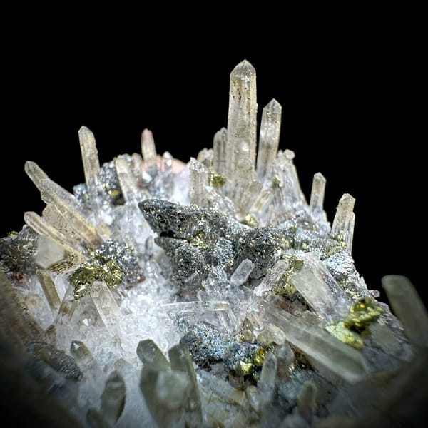 Clear quartz needles over chalcopyrite and freibergite from Inner Mongolia, China, second angle