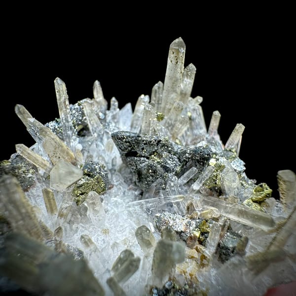 Clear quartz needles over chalcopyrite and freibergite from Inner Mongolia, China, reverse side