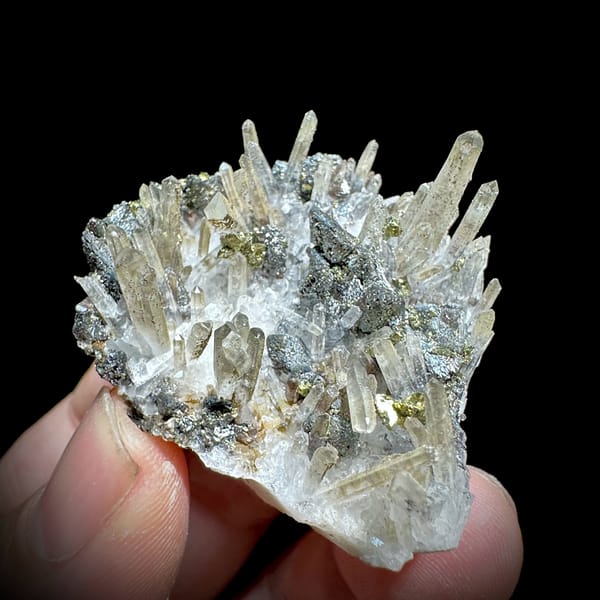 Clear quartz needles over chalcopyrite and freibergite from Inner Mongolia, China, top view