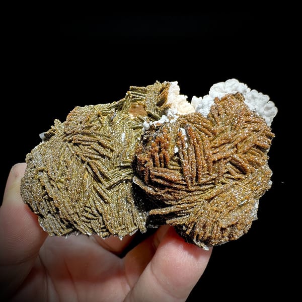 Sparkling brown vanadinite over bladed baryte from Morocco, detail of the matrix contact