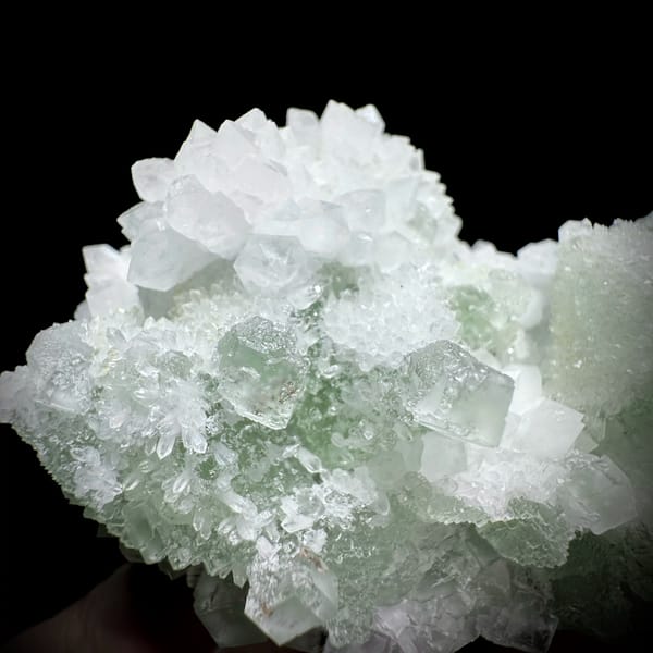 Stepped green fluorite octahedra in white quartz from Guangdong, China, top view