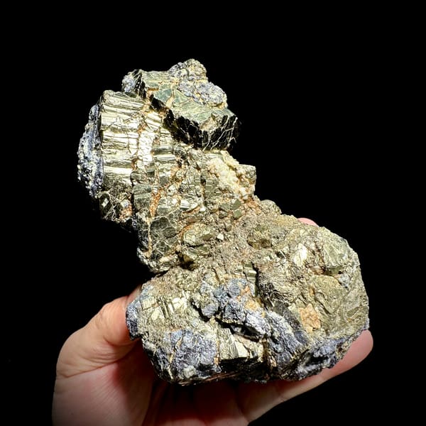 Gourd-shaped block of striated pyrite with galena from Hunan, China, reverse side
