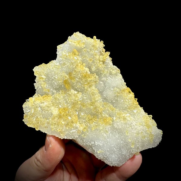 White quartz druse plate with yellow baryte crusts from Jiangxi, China, second angle