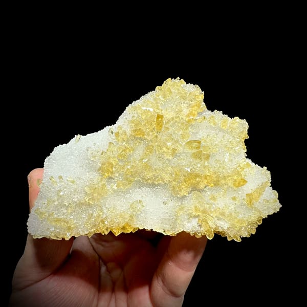 White quartz druse plate with yellow baryte crusts from Jiangxi, China, top view