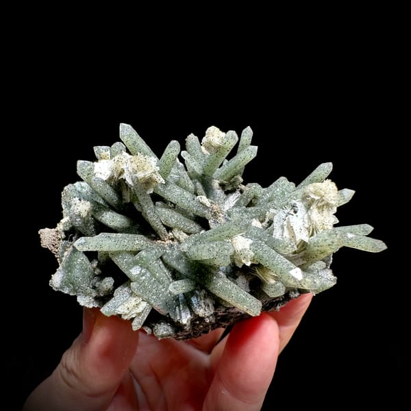 Pale green chlorite quartz prisms with calcite from Inner Mongolia, China, top view