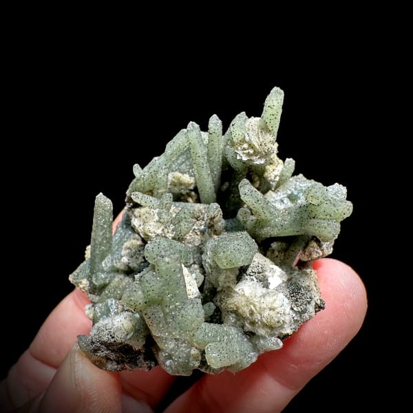 Green chlorite quartz prisms with white calcite from Inner Mongolia, China, reverse side