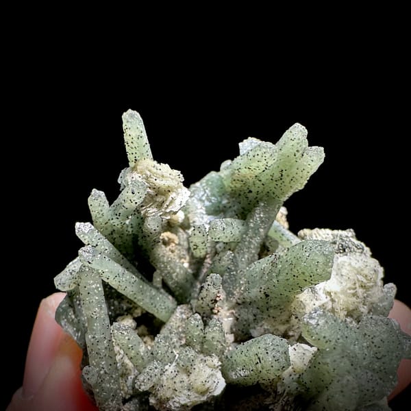 Green chlorite quartz prisms with white calcite from Inner Mongolia, China, top view
