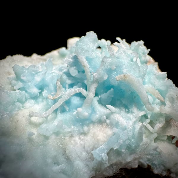 Sky-blue stalactitic aragonite in white aragonite frame from Yunnan, China, reverse side