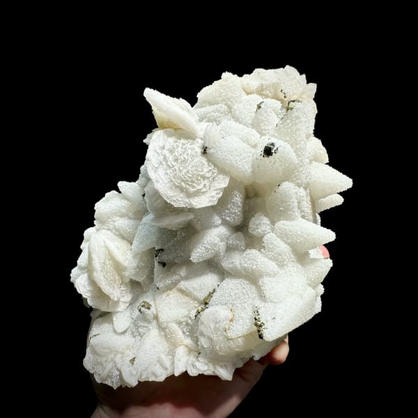 Plate of frosted white calcite crystals with pyrite from Fujian, China, reverse side