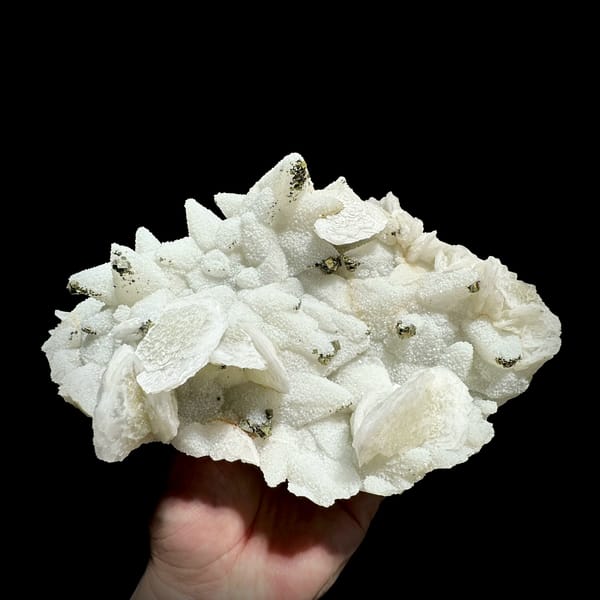 Plate of frosted white calcite crystals with pyrite from Fujian, China, top view