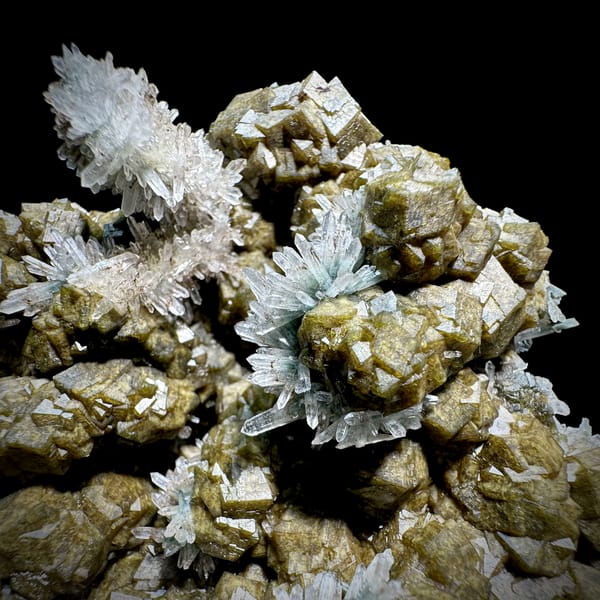 Olive garnet crystals with green phantom quartz from Inner Mongolia, China, top view