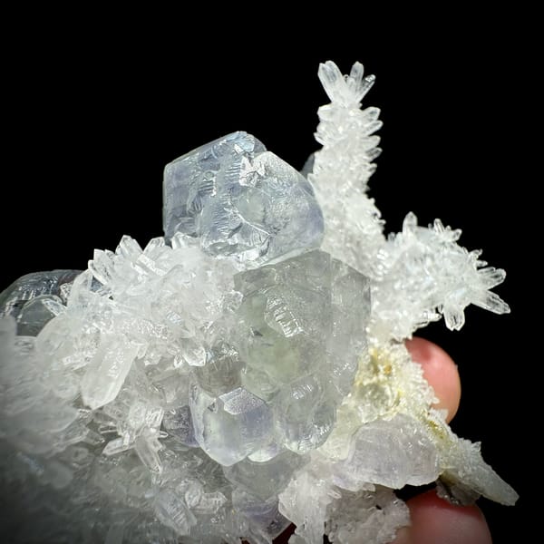 Flower of clear quartz needles with pale blue fluorite cubes from Fujian, China, second angle