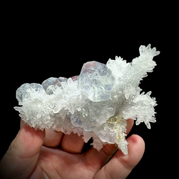 Flower of clear quartz needles with pale blue fluorite cubes from Fujian, China, top view