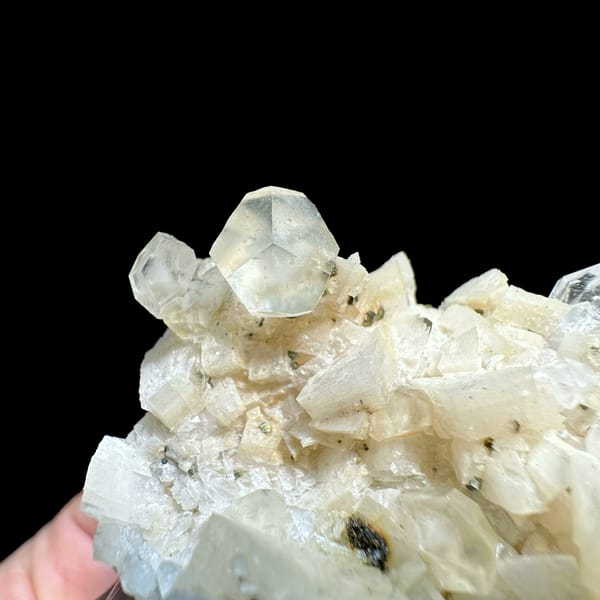 Cream calcite crystals with dolomite, pyrite and quartz from Guizhou, China, top view