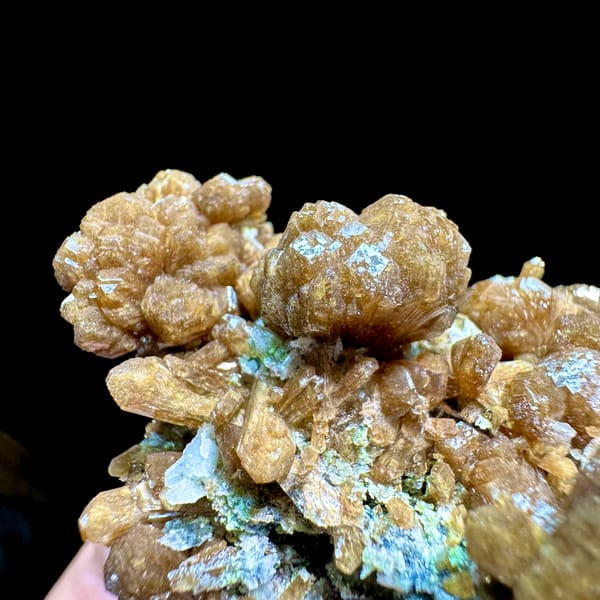 Golden-brown stilbite bow-ties with black specular hematite from Yunxiao, Fujian, China, close-up of the crystal faces
