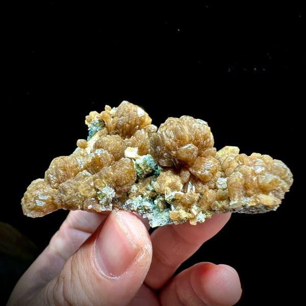 Golden-brown stilbite bow-ties with black specular hematite from Yunxiao, Fujian, China, top view