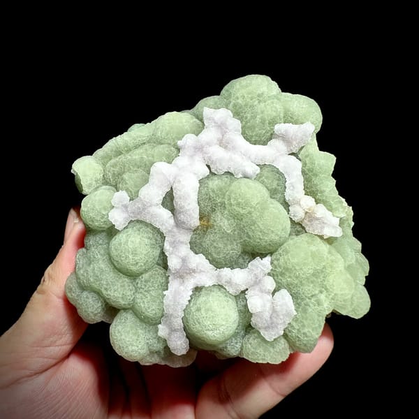 Pale green fluorite balls under lattice of white fluorite from Henan, China, reverse side