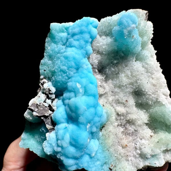 Turquoise botryoidal aragonite over pale green aragonite from Yunnan, China, second angle