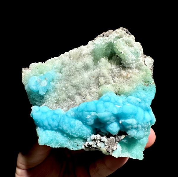 Turquoise botryoidal aragonite over pale green aragonite from Yunnan, China, reverse side