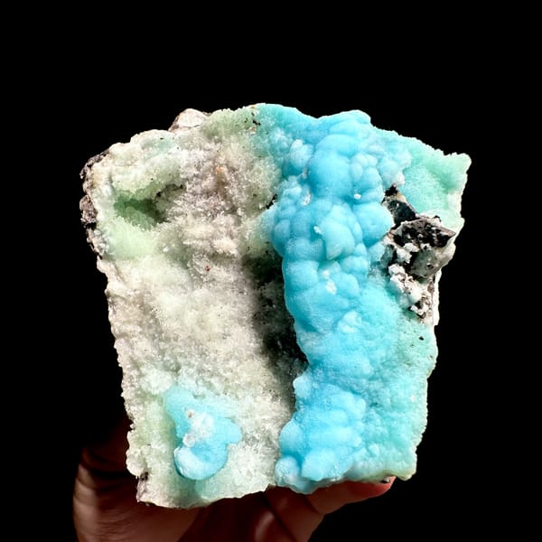 Turquoise botryoidal aragonite over pale green aragonite from Yunnan, China, top view
