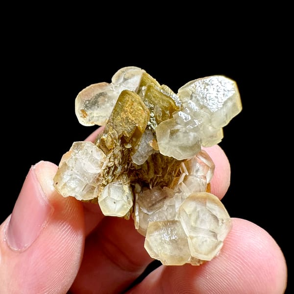 Translucent calcite rhombs around golden siderite from Guizhou, China, top view