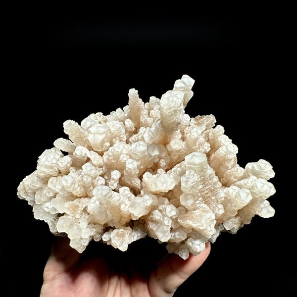 Coral-like spray of peach tower calcite from Fujian, China, detail of the matrix contact