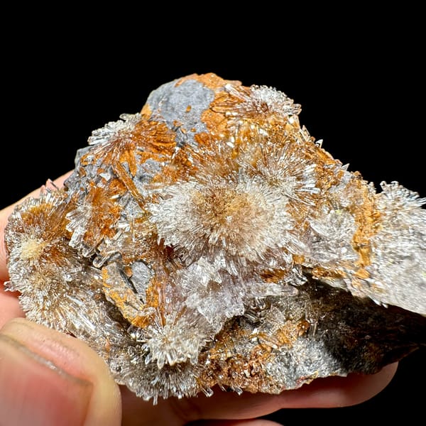 Transparent creedite flower sprays on rust-orange matrix from Guizhou, China, close-up of the crystal faces