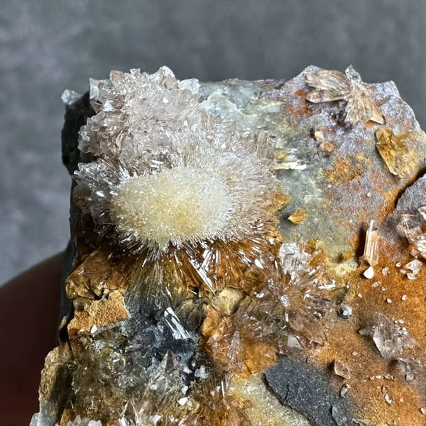 Sunflower creedite sprays on rust-and-grey matrix from Guizhou, China, reverse side