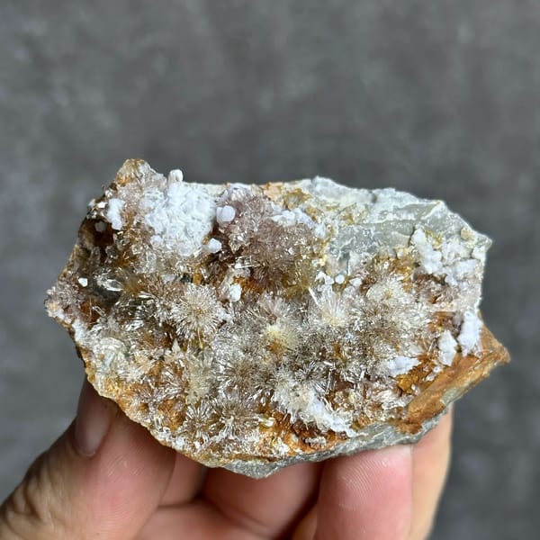 Creedite flowers over pale purple yttrofluorite from Guizhou, China, held in hand