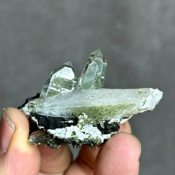Clear quartz prisms with black wolframite and purple fluorite from Yaogangxian Mine, Hunan, China, second angle