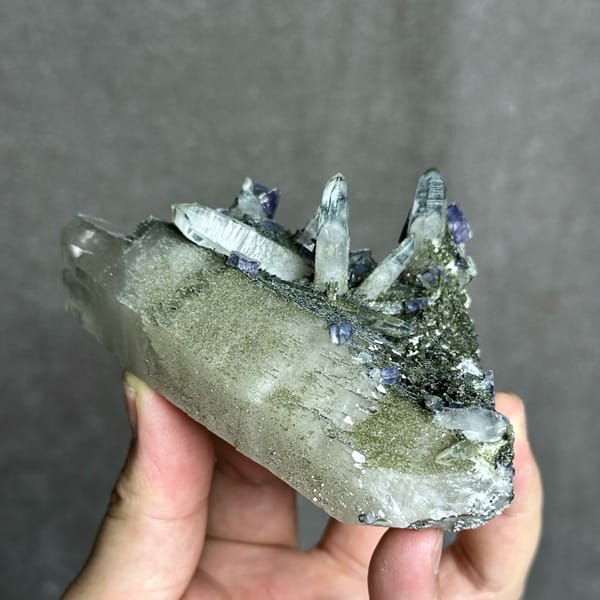 Large chlorite quartz with purple fluorite cubes and wolframite from Yaogangxian Mine, Hunan, China, top view