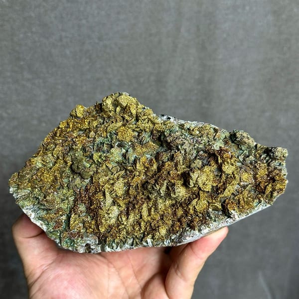 Iridescent pyrite crust covering calcite plate from Fujian, China, held in hand